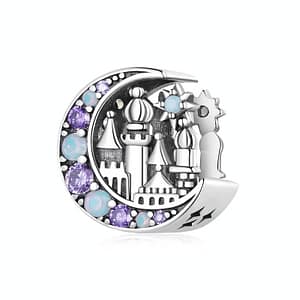 Sterling silver Arabian Nights Moonlight Castle Charm with opal stones and purple cubic zirconia, enchanting fantasy jewelry.