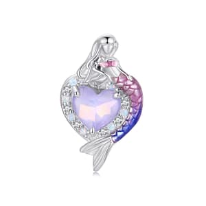 Sterling silver heart charm with pink glass center, opal, and cubic zirconia stones. Features a mermaid with pink and purple tail on one side. Back engraved with mermaid tail.