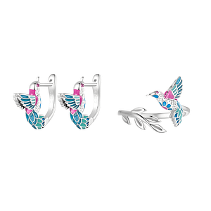 Colorful Kingfisher Jewelry Set: Sterling silver hoop earrings and open ring featuring vibrant kingfisher bird design with enamel accents. Nature-inspired fashion accessories.