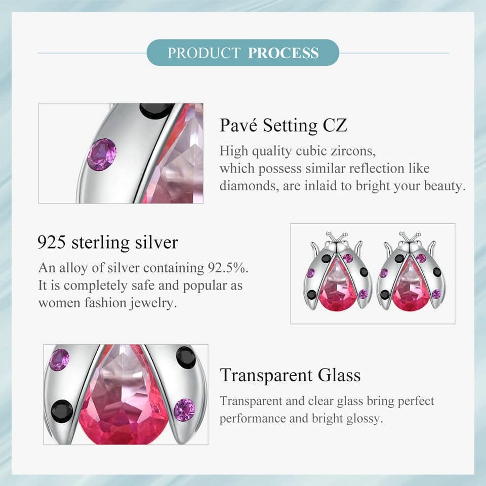 Exquisite Ladybug Stud Earrings | S925 Sterling Silver | Go Glam Girl 9 Exquisite Ladybug Stud Earrings: Sterling silver earrings with pink glass body, cubic zirconia-studded wings. Symbolic and whimsical jewelry for women. Perfect for adding charm and luck to your style.