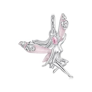 S925 Rose Petal Fairy Charm in sterling silver with blush-pink enamel wings, romantic fairy dangle pendant.