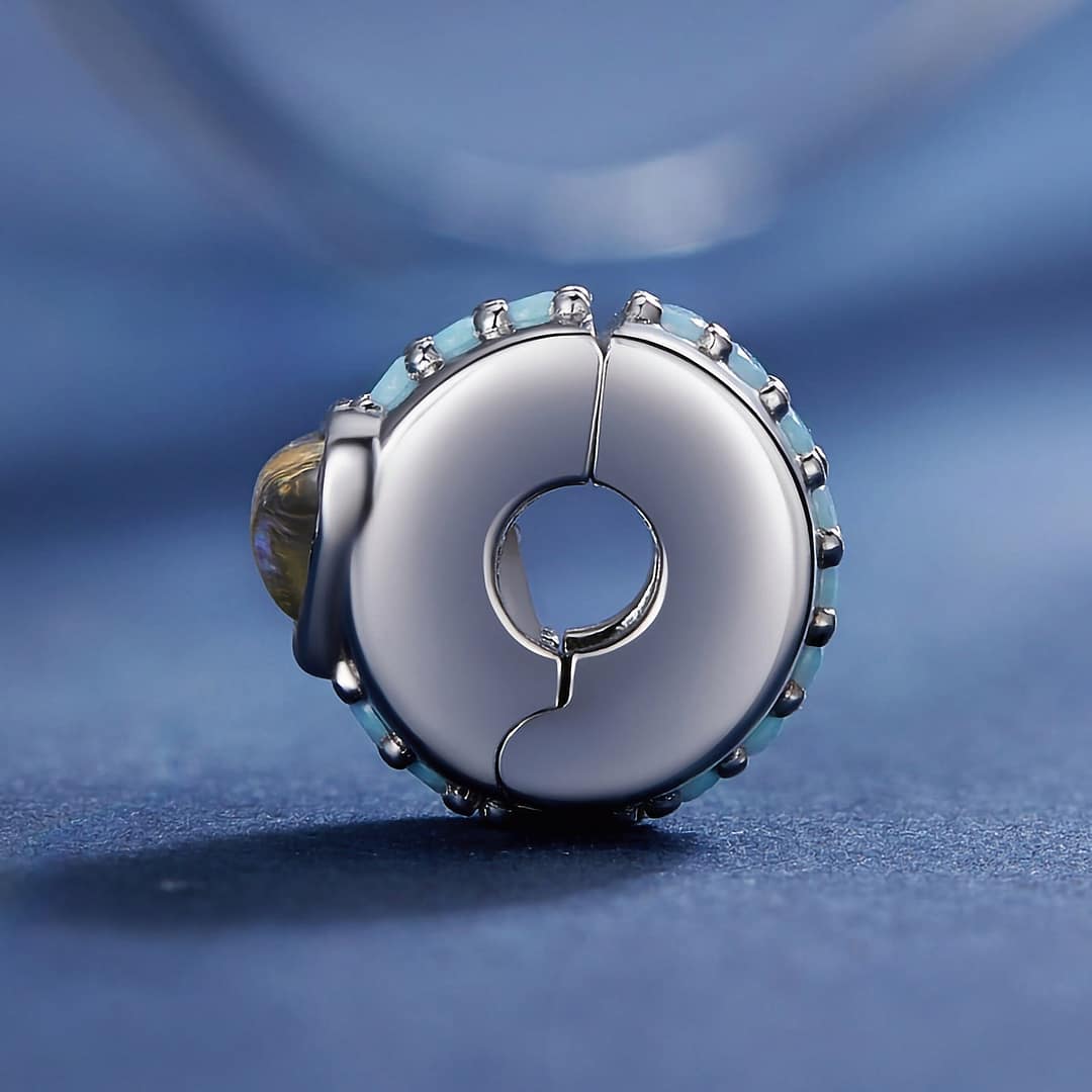 S925 Sterling Silver Cinderella Heart Clip Charm for Pandora Bracelet | Disney Lovers gift | Go Glam Girl 9 Cinderella Heart Clip Charm in s925 sterling silver, featuring a blue moonstone heart center and a line of opal stones, part of the Cinderella Charms Collection, symbolizing hope.