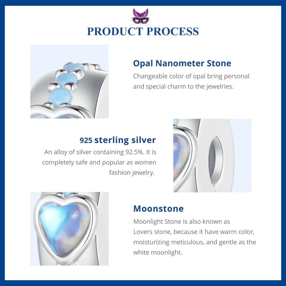 S925 Sterling Silver Cinderella Heart Clip Charm for Pandora Bracelet | Disney Lovers gift | Go Glam Girl 8 Cinderella Heart Clip Charm in s925 sterling silver, featuring a blue moonstone heart center and a line of opal stones, part of the Cinderella Charms Collection, symbolizing hope.