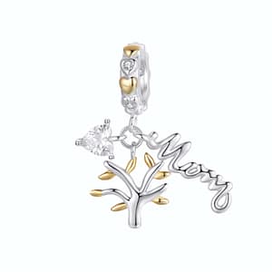 Sterling silver Mom Tree of Life Dangle Charm featuring cubic zirconia heart and golden leaves, perfect gift for mom