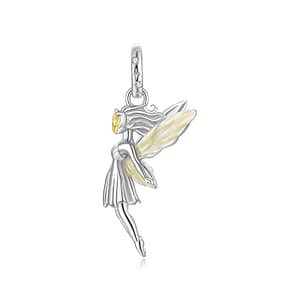 S925 Sunbeam Fairy Charm in sterling silver with golden-yellow enamel wings, radiant fairy dangle pendant.