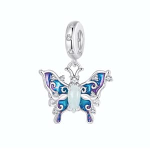 S925 sterling silver Luminous Blue Butterfly Dangle Charm. Glowing body, sparkling cubic zirconia, perfect for spring. From the Luminous Night Charms Collection. #SpringJewelry #ButterflyCharm #LuminousNightCollection
