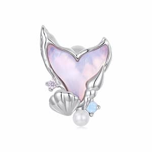 Mermaid Tail Stopper Charm in s925 sterling silver, featuring pink glass, shell, pearl, and opal stone embellishments.
