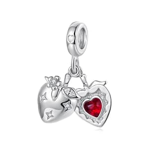 S925 sterling silver strawberry heart charm with red enamel and star accents, Cute Fruit Charms Collection