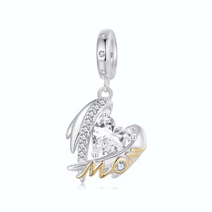 Sterling silver Mom Angel Wings Heart Dangle Charm with cubic zirconia stones, perfect gift for Mother's Day or birthday.