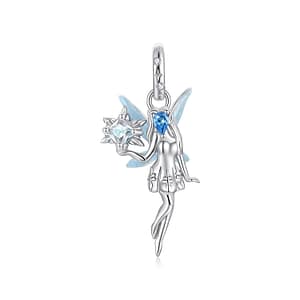 S925 Ice Fairy Charm in sterling silver with cool blue enamel wings, winter-inspired fairy dangle pendant.