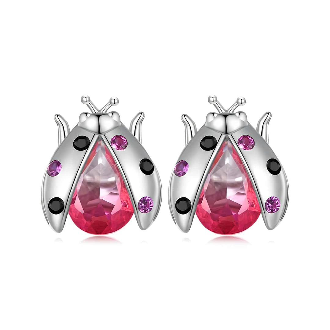 Exquisite Ladybug Stud Earrings | S925 Sterling Silver | Go Glam Girl 1 Exquisite Ladybug Stud Earrings: Sterling silver earrings with pink glass body, cubic zirconia-studded wings. Symbolic and whimsical jewelry for women. Perfect for adding charm and luck to your style.