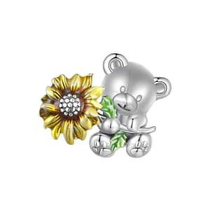 Cute Bear with Sunflower Charm - Sterling Silver Charm Bead with Enamel Sunflower. Adorable bear holding a vibrant sunflower in its paws.