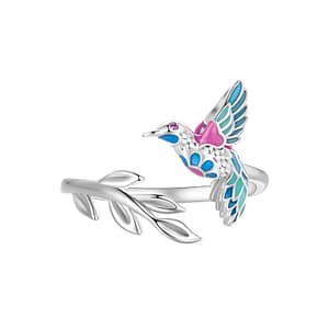 Colorful Kingfisher Open Ring made of s925 sterling silver, featuring an exquisite kingfisher bird with cubic zirconia eyes and colorful enamel body. Nature-inspired jewelry for a vibrant and stylish look. Perfect gift for bird lovers. #KingfisherRing #ColorfulOpenRing #NatureInspiredJewelry