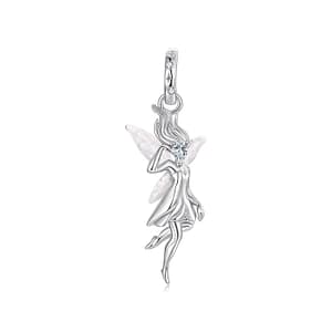 S925 Forest Fairy Charm in sterling silver with soft white enamel wings, nature-inspired dangle fairy pendant.