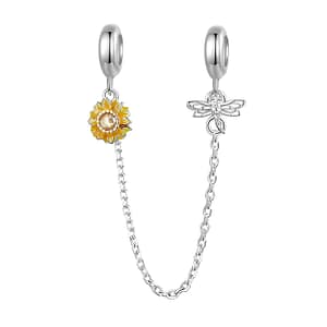 Sterling silver Sunflower & Dragonfly Safety Chain charm from Sunward Charms Collection. Yellow enamel sunflower with cubic zirconia center stone on left stopper. Silver dragonfly with cubic zirconia on right stopper. Secure and stylish bracelet accessory with symbolic nature-inspired design.