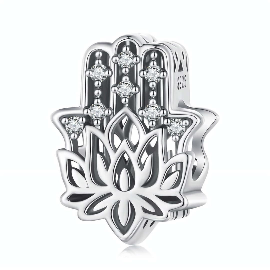 Guardian Fatima Hand Charm for Pandora Bracelet | S925 Sterling Silver | Go Glam Girl 1 Guardian Fatima Hand Charm crafted in sterling silver, adorned with cubic zirconia stones and lotus flower symbol. Spiritual jewelry accessory.