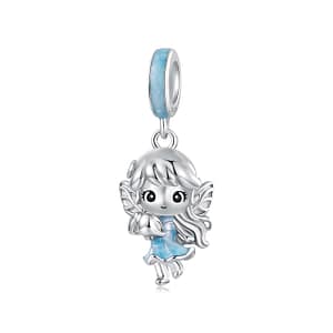 S925 sterling silver Sea Whisper Fairy charm with shimmering aqua enamel and seashell detail
