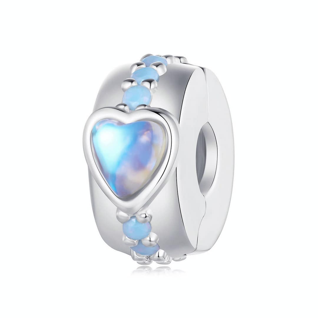 S925 Sterling Silver Cinderella Heart Clip Charm for Pandora Bracelet | Disney Lovers gift | Go Glam Girl 1 Cinderella Heart Clip Charm in s925 sterling silver, featuring a blue moonstone heart center and a line of opal stones, part of the Cinderella Charms Collection, symbolizing hope.
