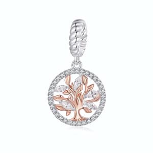 Rose Gold Tree of Life Dangle Charm crafted from sterling silver, adorned with cubic zirconia stones. Symbolizes family, growth, and elegance.