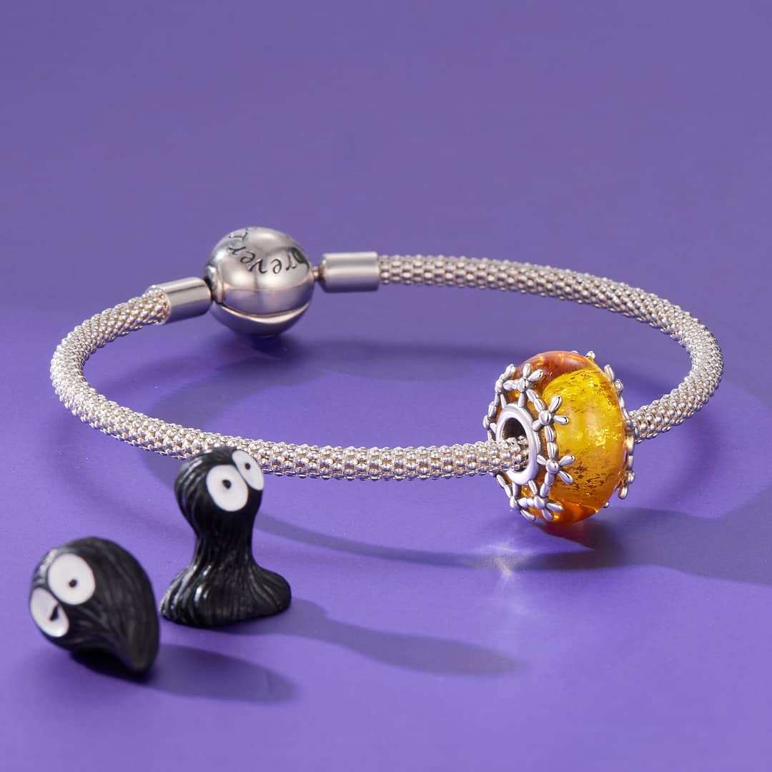 Orange Floral Glass Bead for Pandora Bracelet | Disney Lovers gift | S925 Sterling Silver | Go Glam Girl 6 Orange Floral Glass Charm featuring glowing marigold-inspired glass bead with sterling silver floral detailing around the edges.