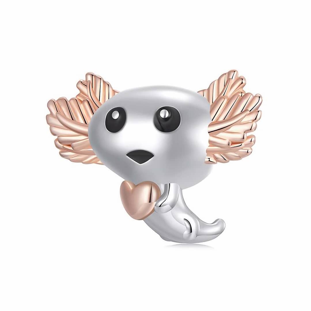 Cute Axolotl Charm in s925 sterling silver with rose-gold-plated gills, holding a tiny heart, part of the Pet Charms Collection. Unique, animal-inspired jewelry with enamel and white gold plating. Perfect charm for animal lovers or as a thoughtful gift.