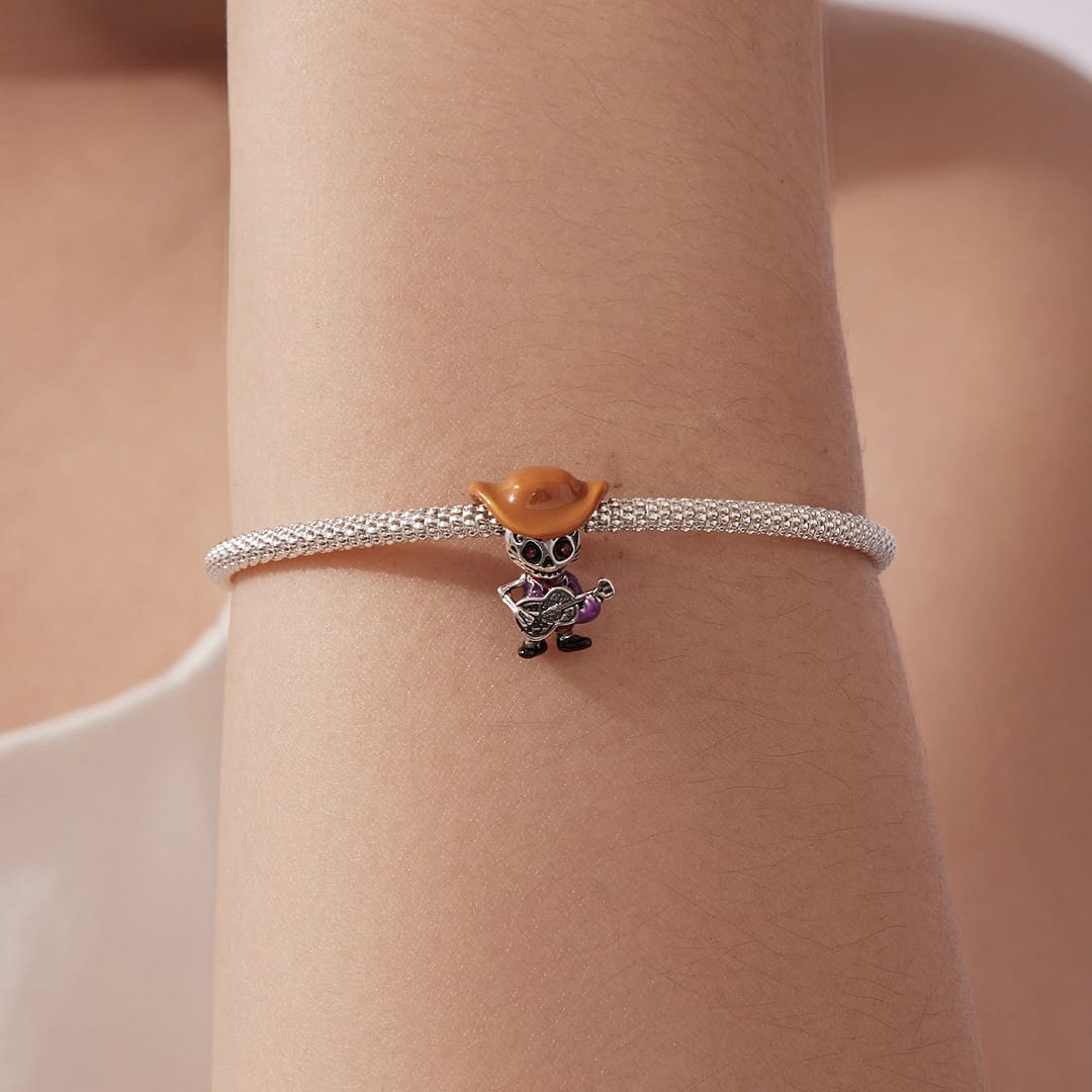 Home 20 S925 sterling silver Cowboy Skeleton Guitarist Charm wearing a brown cowboy hat and holding a decorative guitar – Coco Charms Collection.