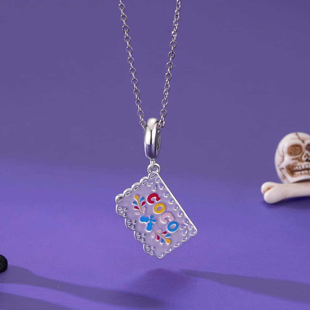 Papel Picado “Coco” Dangle Charm for Pandora Bracelet | Disney Lovers gift | S925 Sterling Silver | Go Glam Girl 3 Sterling silver Papel Picado “Coco” charm with colorful enamel details and intricate cutout lace design
