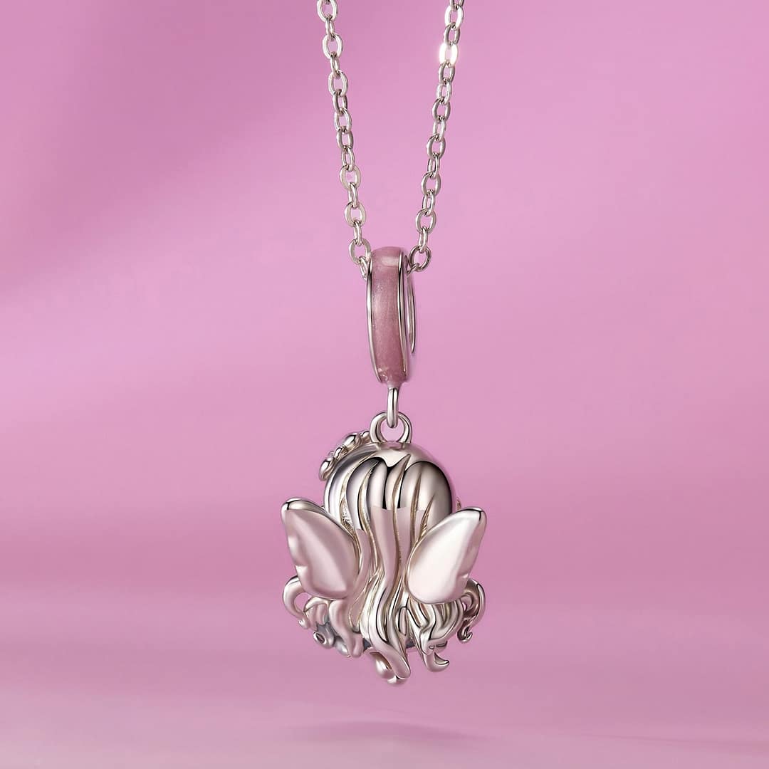 Home 70 S925 sterling silver Rose Petal Fairy charm with blush-pink enamel and wavy silver hair