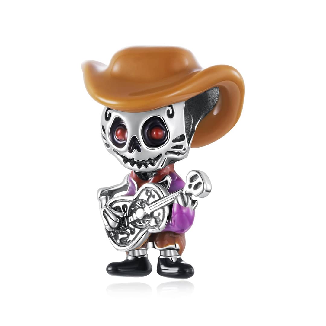 Home 16 S925 sterling silver Cowboy Skeleton Guitarist Charm wearing a brown cowboy hat and holding a decorative guitar – Coco Charms Collection.