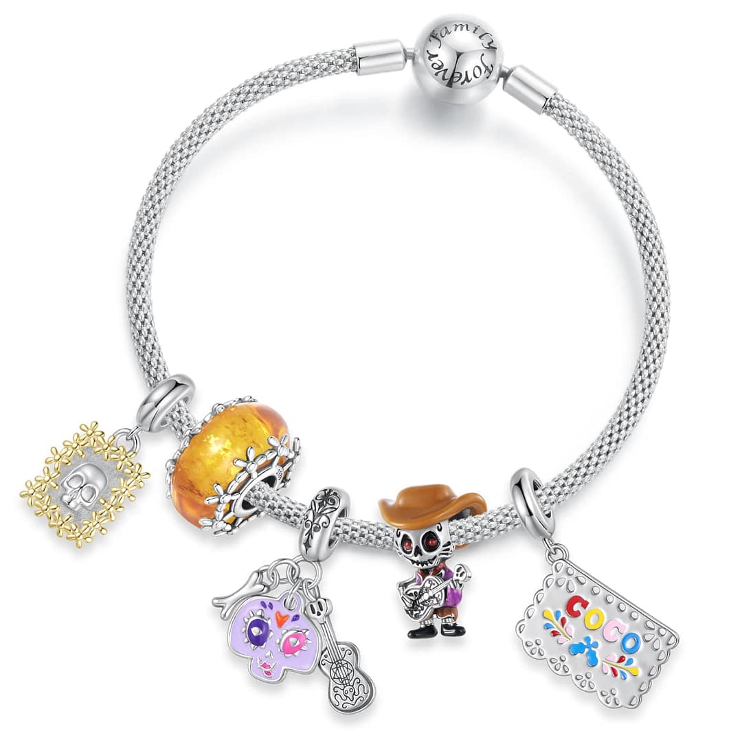 Papel Picado “Coco” Dangle Charm for Pandora Bracelet | Disney Lovers gift | S925 Sterling Silver | Go Glam Girl 12 Golden Floral Skull Coco Charms Collection for Disney Lovers | Go Glam Girl