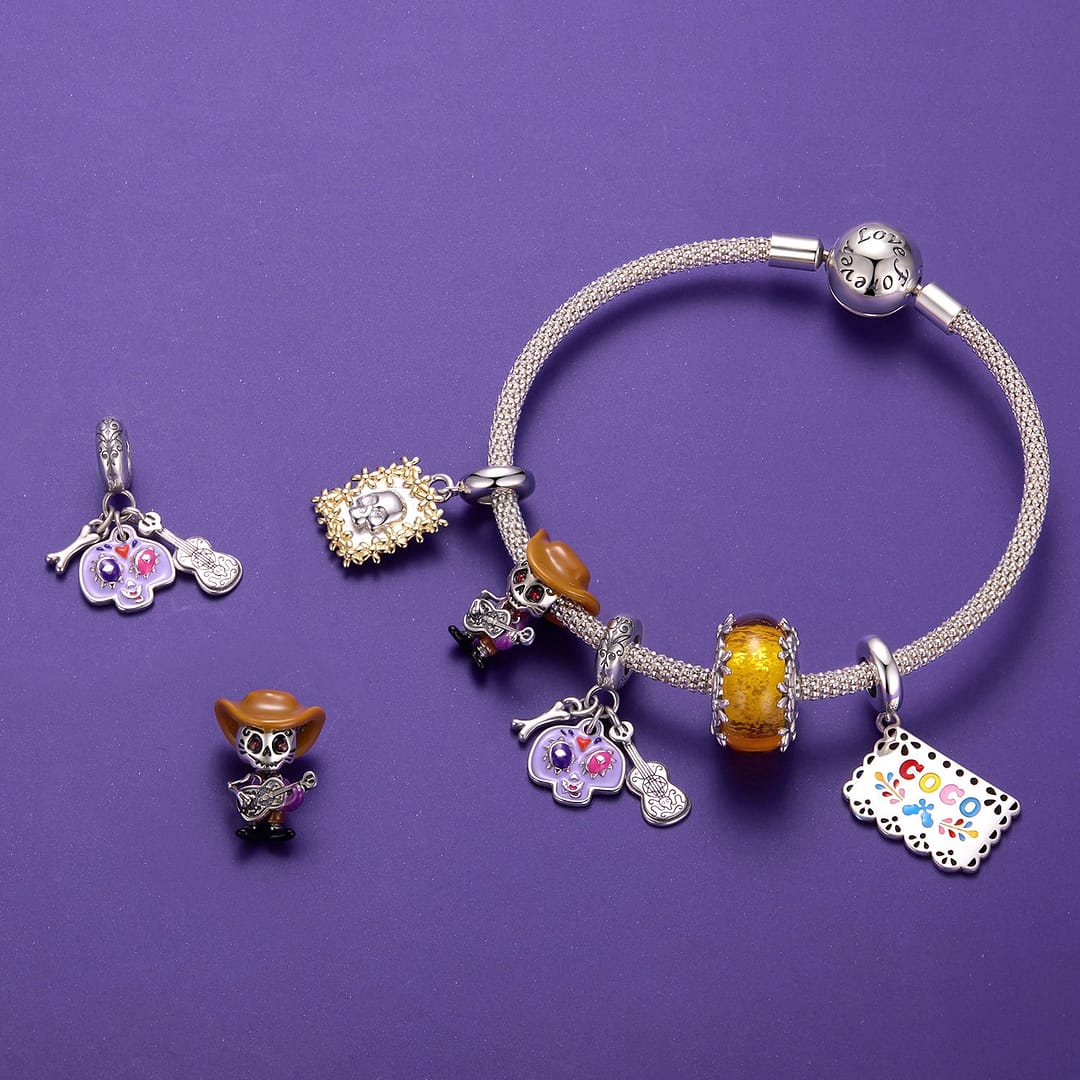 Papel Picado “Coco” Dangle Charm for Pandora Bracelet | Disney Lovers gift | S925 Sterling Silver | Go Glam Girl 10 Golden Floral Skull Coco Charms Collection for Disney Lovers | Go Glam Girl
