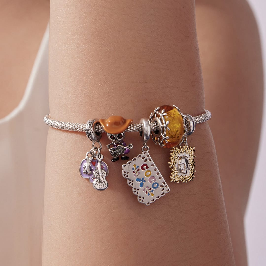 Papel Picado “Coco” Dangle Charm for Pandora Bracelet | Disney Lovers gift | S925 Sterling Silver | Go Glam Girl 11 Golden Floral Skull Coco Charms Collection for Disney Lovers | Go Glam Girl