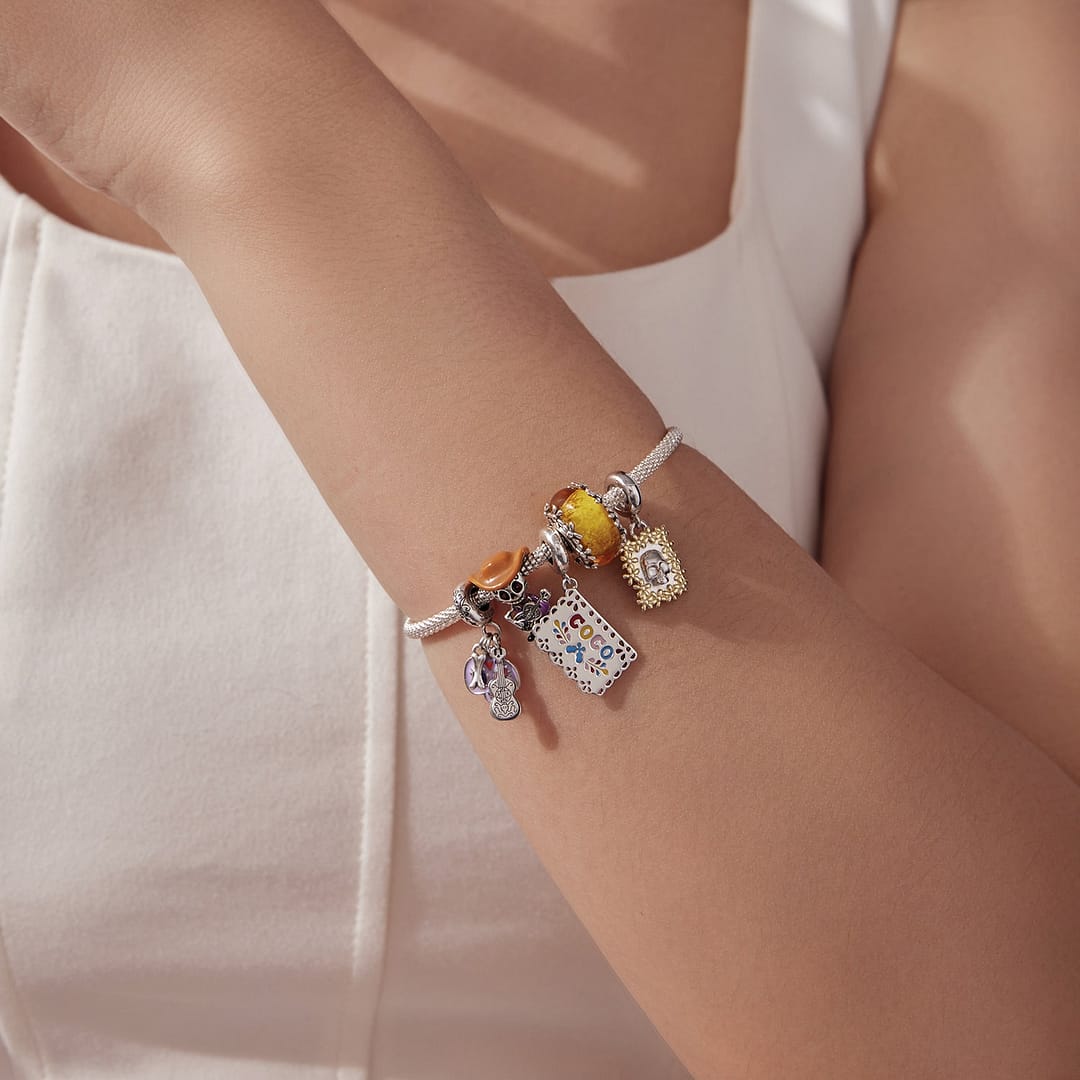 Papel Picado “Coco” Dangle Charm for Pandora Bracelet | Disney Lovers gift | S925 Sterling Silver | Go Glam Girl 13 Golden Floral Skull Coco Charms Collection for Disney Lovers | Go Glam Girl