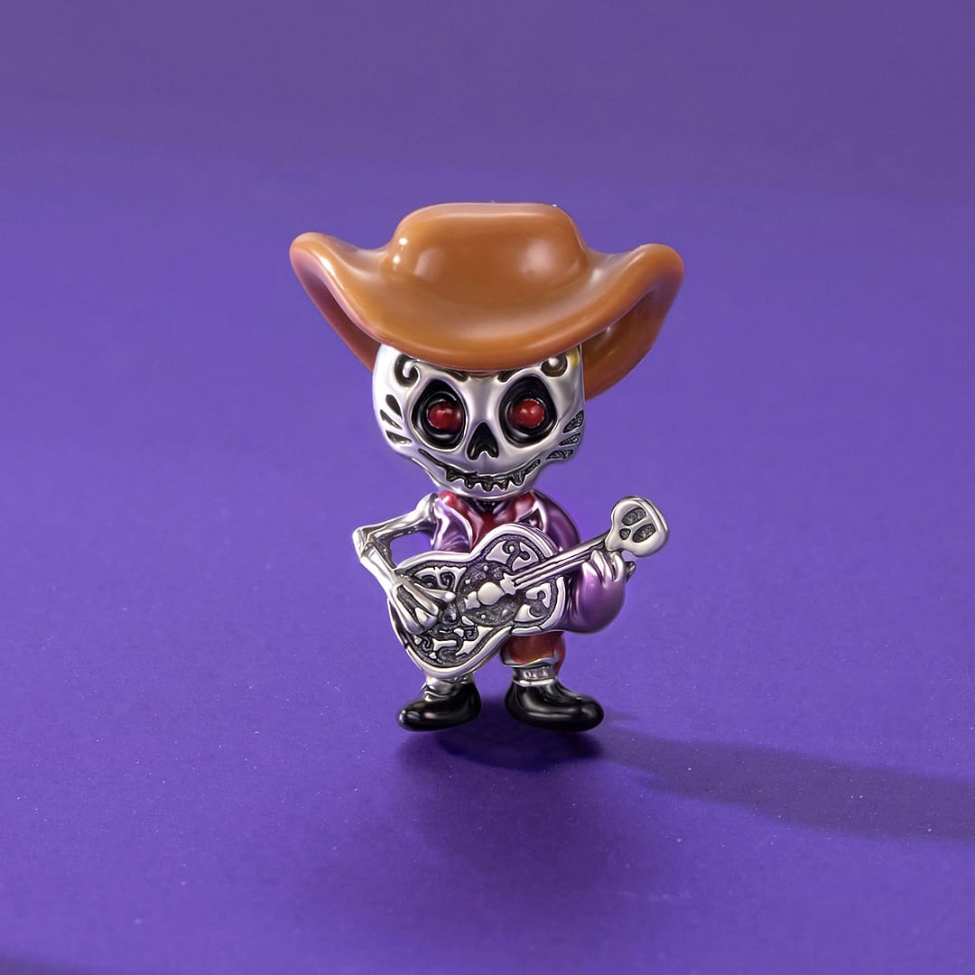 Home 19 S925 sterling silver Cowboy Skeleton Guitarist Charm wearing a brown cowboy hat and holding a decorative guitar – Coco Charms Collection.