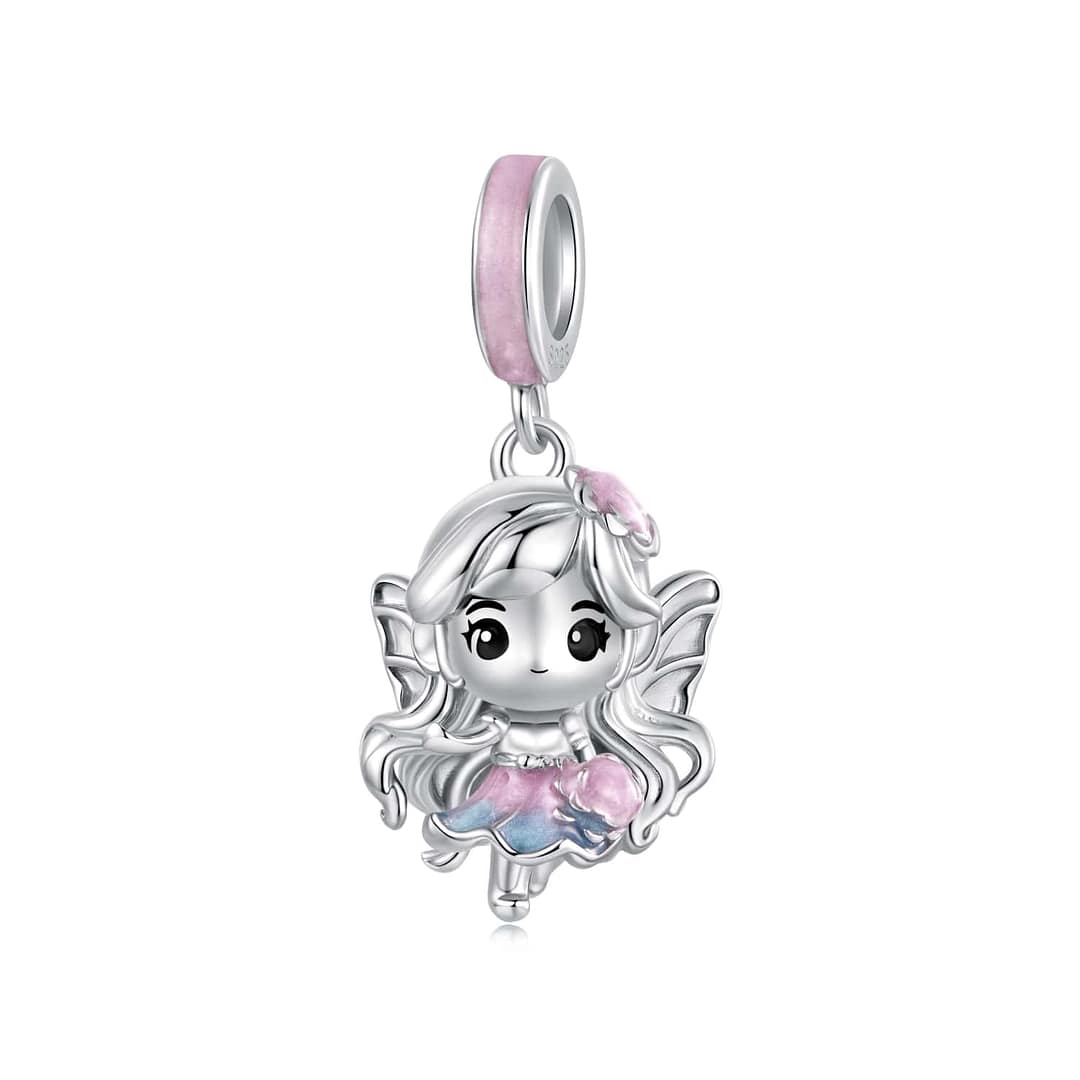Home 67 S925 sterling silver Rose Petal Fairy charm with blush-pink enamel and wavy silver hair