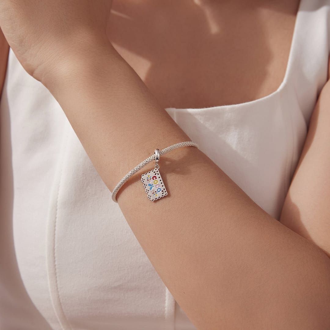 Papel Picado “Coco” Dangle Charm for Pandora Bracelet | Disney Lovers gift | S925 Sterling Silver | Go Glam Girl 6 Sterling silver Papel Picado “Coco” charm with colorful enamel details and intricate cutout lace design
