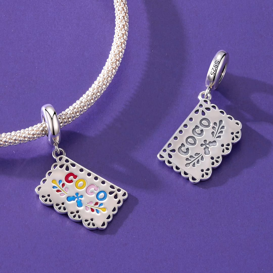 Papel Picado “Coco” Dangle Charm for Pandora Bracelet | Disney Lovers gift | S925 Sterling Silver | Go Glam Girl 2 Sterling silver Papel Picado “Coco” charm with colorful enamel details and intricate cutout lace design
