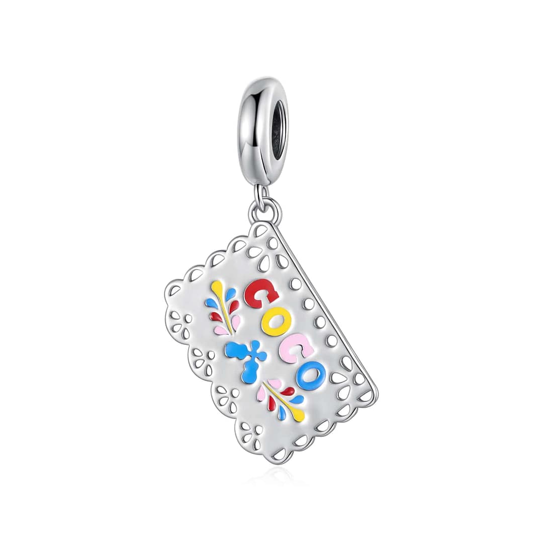 Papel Picado “Coco” Dangle Charm for Pandora Bracelet | Disney Lovers gift | S925 Sterling Silver | Go Glam Girl 1 Sterling silver Papel Picado “Coco” charm with colorful enamel details and intricate cutout lace design