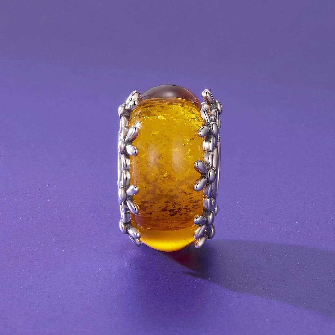 Orange Floral Glass Bead for Pandora Bracelet | Disney Lovers gift | S925 Sterling Silver | Go Glam Girl 5 Orange Floral Glass Charm featuring glowing marigold-inspired glass bead with sterling silver floral detailing around the edges.