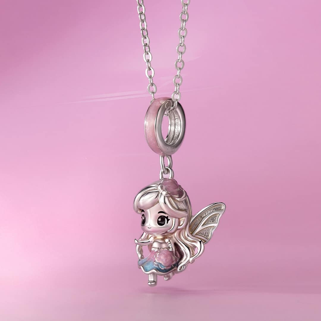 Home 68 S925 sterling silver Rose Petal Fairy charm with blush-pink enamel and wavy silver hair