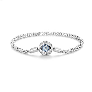 S925 Sterling Silver Evil Eye Bulb Charm Bracelet with Blue Cubic Zirconia Stones and Trendy Braided Pattern Chain. Personalizable Charm Bracelet for Protection and Style.