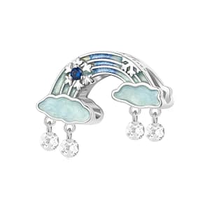 Sterling silver Ice Rainbow Charm with blue and green enamel, adorned with sparkling cubic zirconia snowflakes. Winter-themed jewelry.