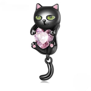 S925 Cute Black Cat Hugging Pink Heart Charm | Go Glam Girl jewelry shop