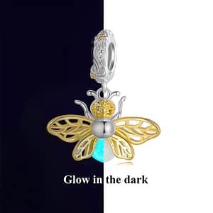 Glow In The Dark Gold Bee Dangle Charm: Sterling silver charm with gold-plated wings, cubic zirconia stones, and luminous stone abdomen. Nature-inspired jewelry that emits light in the dark.