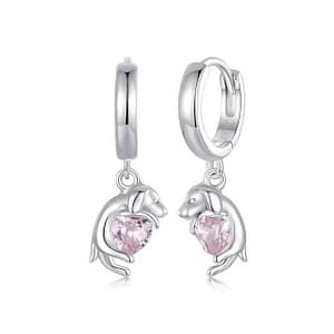 Golden Retriever Drop Earrings in s925 sterling silver, featuring a retriever hugging a pink heart cubic zirconia stone. Perfect accessory for dog lovers.