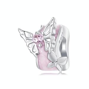 Monet's Garden Butterflies Dream Spacer Charm: Sterling silver spacer charm with pink enamel, featuring two silver butterflies and pink glass crystal.