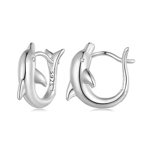 Dolphin Hoop Earrings - s925 Sterling Silver with Cubic Zirconia Eyes - Playful and Sparkling Animal Jewelry for Women.