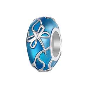 Blue Dragonflies Pattern Stopper Charm - s925 sterling silver charm with intricate dragonfly pattern on blue enamel background. Elegant and versatile addition to charm bracelets.