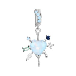 Icy blue Heart Snowflake Dangle Charm with opal & cubic zirconia stones. S925 silver winter-themed jewelry, perfect for seasonal elegance.