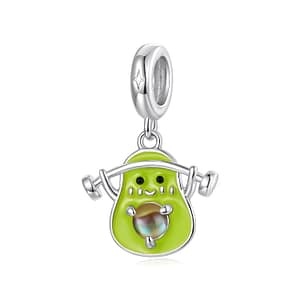 S925 sterling silver avocado charm lifting weights with glossy green enamel, Cute Fruit Charms Collection